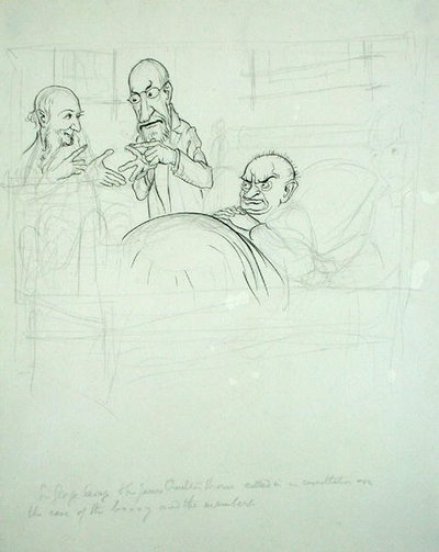 Sir George Savage og Sir James Crichton Browne (1840-1937) innkalte i samråd om saken til BXXXY og medlemmene (penn og blekk og blyant på papir) av Arthur Rackham