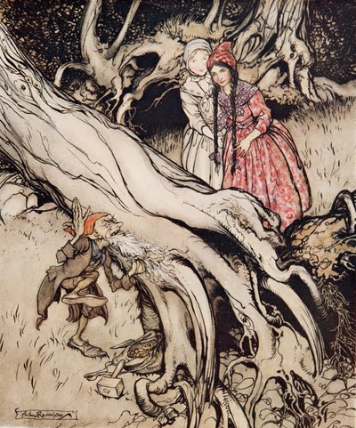 Snow-White and Rose-Red, fra Little Brother & Little Sister and Other Tales av brødrene Grimm, pub.1917 (farge litho) av Arthur Rackham