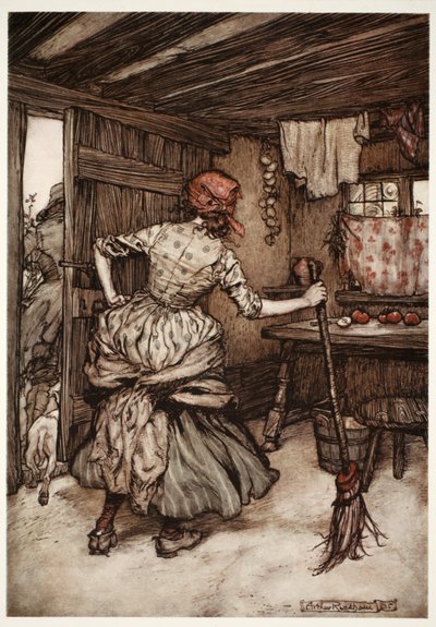 Slik at han var lett på å trekke av kreftene og ta utsiden av huset - den eneste siden som i sannhet tilhører den hønehakkede ektemannen., fra Rip Van Winkle av Washington Irving, pub. 1910 ( av Arthur Rackham