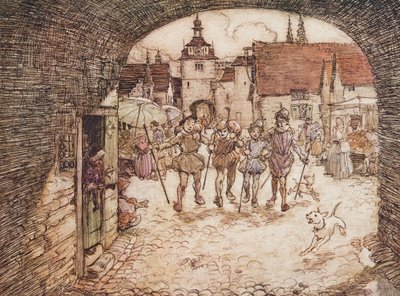 Så de fire brødrene tok stokkene sine i hendene, sa farvel til faren og gikk ut av byporten, fra The Fairy Tales of the Brothers Grimm, pub. 1909 av Arthur Rackham