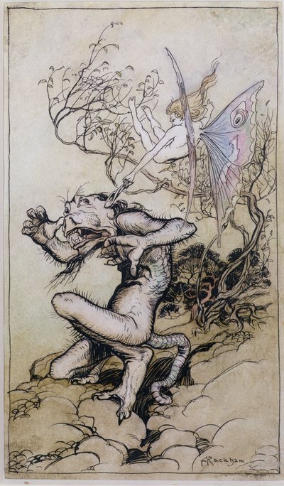 Sprite and Monster, en illustrasjon fra Tales from Shakespeare av Charles (1775-1834) og Mary Lamb (1764-1847) 1909 (penn og blekk, wc) av Arthur Rackham