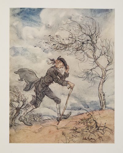Gå langs profilen til en høyde på en vindfull dag.., fra The Legend of Sleepy Hollow av Washington Irving (1783 - 1859), pub. 1928 av Arthur Rackham