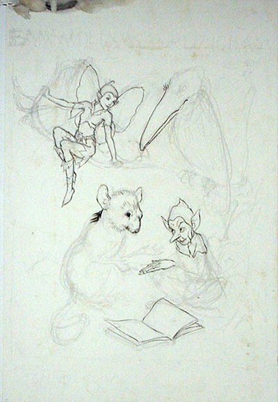 Studie for Emma Williams Burlinghams bokplate (penn, blekk og akvarell på papir) av Arthur Rackham