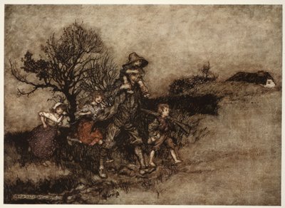 Omgitt av en tropp med barn., fra Rip Van Winkle av Washington Irving, pub. 1910 av Arthur Rackham