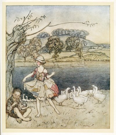 Tattercoats danser mens goosherden piper, fra English Fairy Tales, pub. 1922 av Arthur Rackham