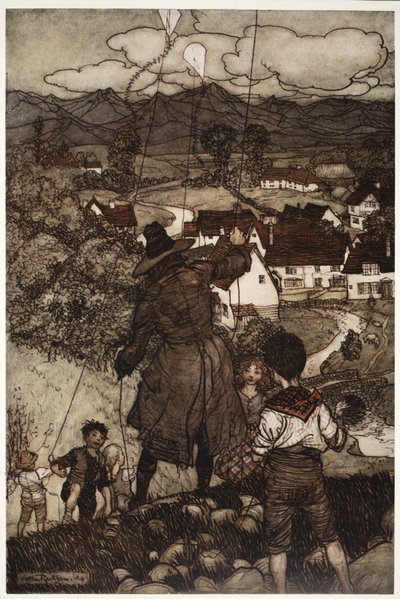 Lærte dem å fly drager., fra Rip Van Winkle av Washington Irving, pub. 1910 av Arthur Rackham