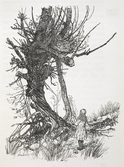 Cheshire-katten i et tre ser ned på Alice av Arthur Rackham
