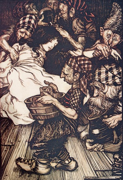 Dvergene, da de kom om kvelden fant Snowdrop liggende på bakken, fra The Fairy Tales of the Brothers Grimm, pub. 1909 av Arthur Rackham