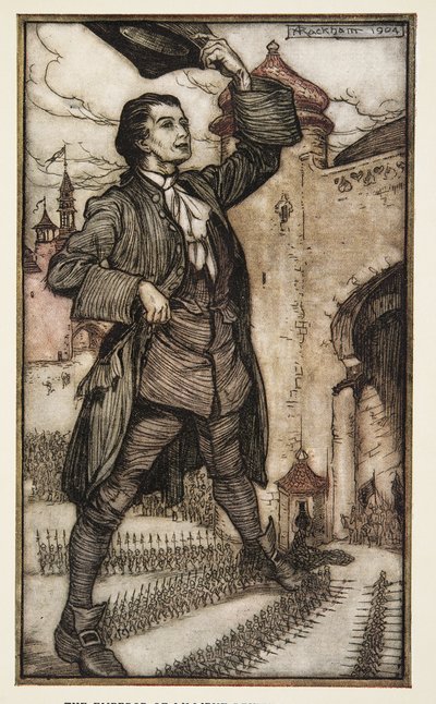 The Emperor of Lilliput anmelder sine tropper, fra Gulliver's Travels av Jonathon Swift (1667 - 1745), pub. 1909 (farge litho) av Arthur Rackham