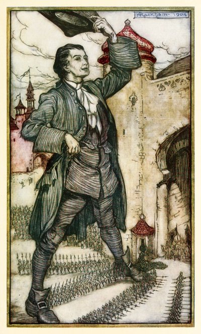 The Emperor of Lilliput anmelder troppene sine fra del I: A Voyage to Lilliput in Gullivers Travels av Jonathan Swift av Arthur Rackham