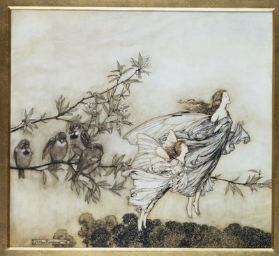 The Fairies har sin Tiff with the Birds, illustrasjon fra 1906 for Peter Pan i Kensington Gardens av J.M. Barrie, pub. 1906 (blekk og wc) av Arthur Rackham