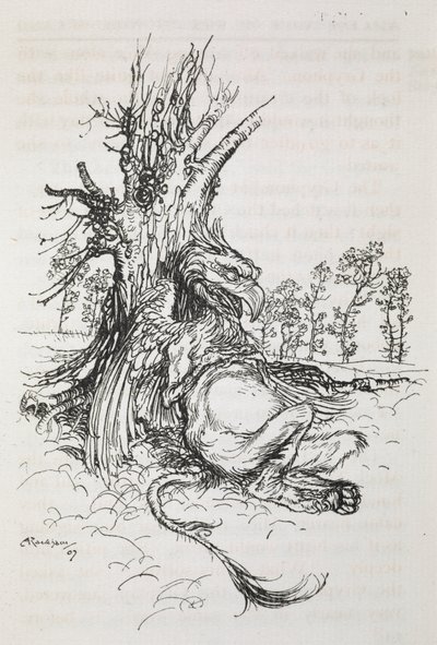 Gryphonen sitter mot et tre av Arthur Rackham