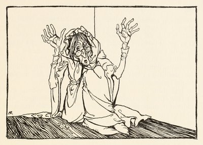 Hagen satt mot veggen, fra Morgans Frenzy i Irish Fairy Tales av Arthur Rackham