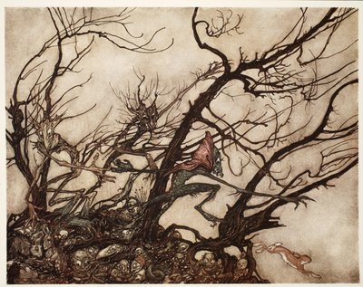 Indianerne betraktet dem som åndenes bolig., fra Rip Van Winkle av Washington Irving, pub. 1910 av Arthur Rackham