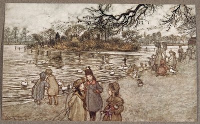 Øya som alle fuglene er født på som ble til gutter og jenter, fra Peter Pan i Kensington Gardens av J M Barrie (1860 - 1937), pub. 1906 av Arthur Rackham