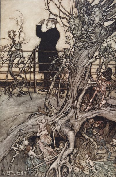 Kensington Gardens er i London, hvor kongen bor ..", fra Peter Pan i Kensington Gardens av JM Barrie (1860 - 1937), pub. 1906 (farge litho) av Arthur Rackham