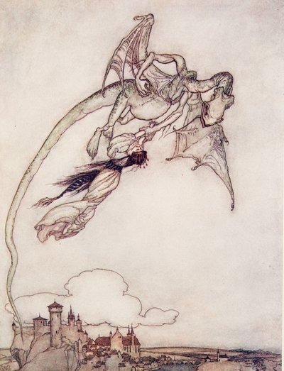 The Kings eneste datter hadde blitt båret bort av en drage, fra The Fairy Tales of the Brothers Grimm, pub. 1909 av Arthur Rackham