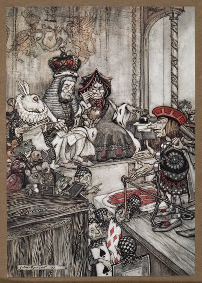 The Knove of Hearts i dokken før dronningen og kongen av hjerter anklaget for å ha stjålet tertene av Arthur Rackham