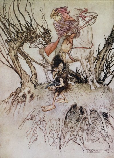 Ridderen Hulbrand med en nisse, illustrasjon til eventyret 'Undine' av baron de la Motte Fouque, 1909 av Arthur Rackham