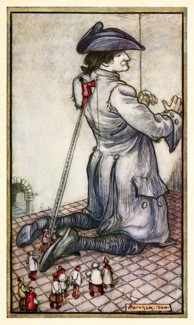 De Lilliputske skredderne måler Gulliver for en ny klesdrakt fra Del I: A Voyage to Lilliput in Gullivers Travels av Jonathan Swift av Arthur Rackham