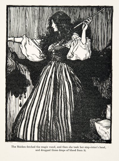 Jomfruen hentet tryllestaven, og så tok hun stesøstrenes hode og slapp tre dråper blod fra den fra The Fairy Tales of the Brothers Grimm, pub. 1909 av Arthur Rackham