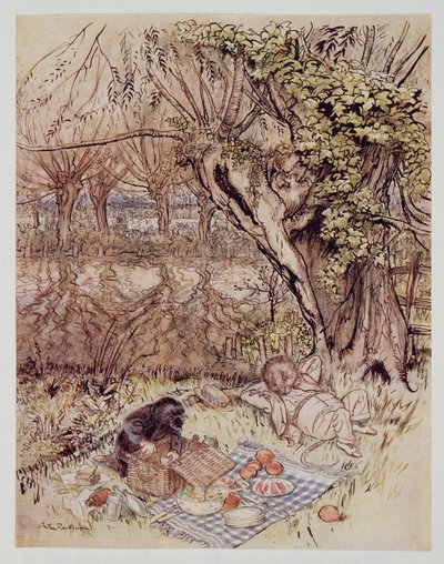 The Mole tryglet som en tjeneste om å få lov til å pakke det ut helt selv, fra Wind in the Willows av Kenneth Grahame (1859 - 1932), pub. 1940 av Arthur Rackham