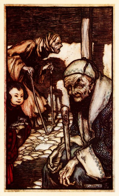 Struldbrugs uheldige udødelige uten evig ungdom som er erklært fra del III: A Voyage to Laputa, Balnibarbi, Luggnagg, Glubbdubdrib, and Japan in Gullivers Travels av Jonathan Swift av Arthur Rackham