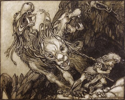 The Twelfth Labour of Hercules, illustrasjon fra The Greek Heroes av B.G. Niebuhr, 1903 (penn og blekk og wc på papir) av Arthur Rackham
