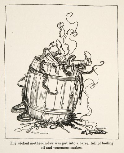 Den onde svigermor ble puttet i en tønne full av kokende olje og giftige slanger, fra Little Brother & Little Sister and Other Tales av brødrene Grimm, pub.1917 (litho) av Arthur Rackham
