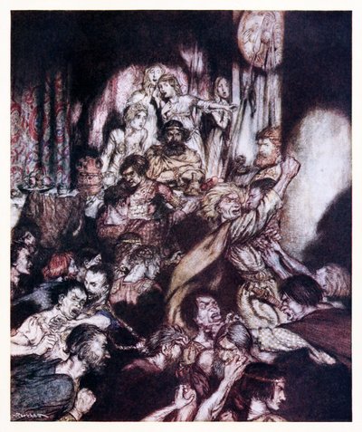 Festsalen var i tumult. fra The Little Brawl in Irish Fairy Tales av Arthur Rackham