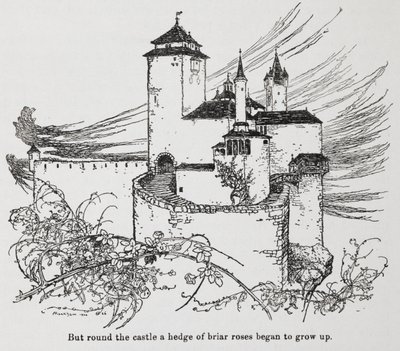 Slottet omgitt av torner fra Briar Rose (Sleeping Beauty) av Arthur Rackham