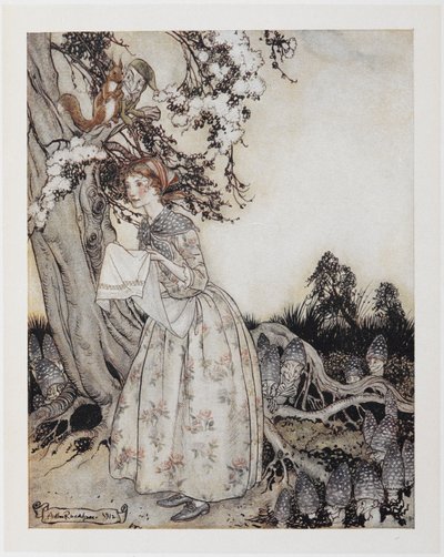 Den vakre hushjelpen som den første mai går til marka ved brøyte på dagen. av Arthur Rackham