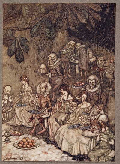 Feene sitter rundt på sopp, og til å begynne med er de veloppdragne, fra Peter Pan i Kensington Gardens av J M Barrie (1860 - 1937), pub. 1906 av Arthur Rackham