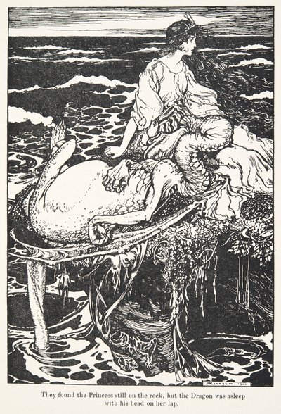 De fant prinsessen fortsatt på steinen, men dragen sov med hodet på fanget hennes, , fra The Fairy Tales of the Brothers Grimm, pub. 1909 av Arthur Rackham