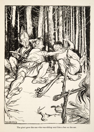 Kjempen ga den som satt ved siden av ham en boks på øret, fra Little Brother & Little Sister and Other Tales av brødrene Grimm, pub.1917 (litho) av Arthur Rackham
