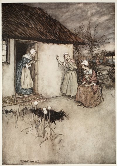 De gode konene i landsbyen sviktet aldri, i kveldssladderen om å legge all skylden på Dame Van Winkle, fra Rip Van Winkle av Washington Irving, pub. 1910 av Arthur Rackham