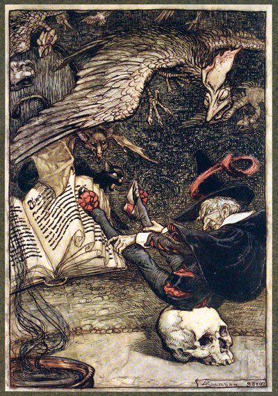 Den lille mannen hadde satt seg i midten av sirkelen på den store hodeskallen, pub. 1907. av Arthur Rackham