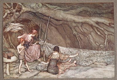De små menneskene vever sommergardinene sine av skjelettblader .. , fra Peter Pan i Kensington Gardens av J M Barrie (1860 - 1937), pub. 1906 av Arthur Rackham