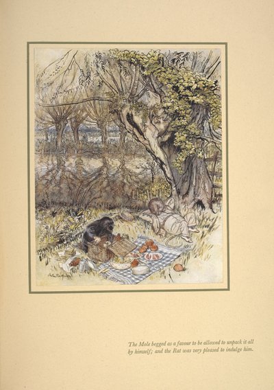 «Muldvarpen ba som en tjeneste om å få lov til å pakke den ut helt selv; og rotta var veldig glad for å unne ham». av Arthur Rackham