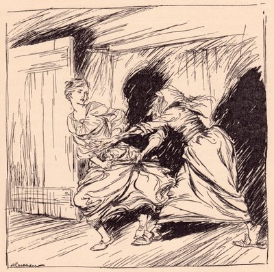 Den gamle kvinnen grep henne i kjolen og prøvde å holde henne fast. Illustrasjon av Arthur Rackham fra Grimm