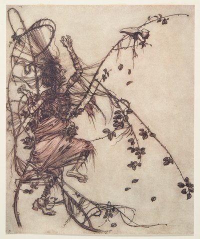 Jo raskere han spilte, jo høyere måtte hun hoppe fra The Fairy Tales of the Brothers Grimm, pub. 1909 av Arthur Rackham