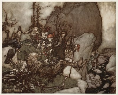The sleep of Rip Van Winkle., fra Rip Van Winkle av Washington Irving, pub. 1910 av Arthur Rackham