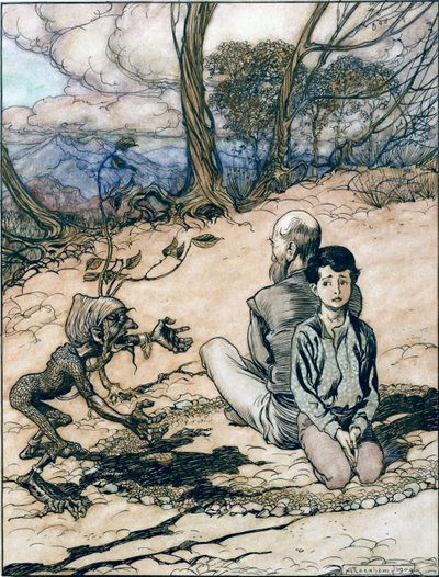 Sønnen laget en sirkel, og faren og han tok plass i den, og den lille svarte mannekken dukket opp, illustrasjon fra Kongen av det gyldne fjell i Eventyrene om brødrene Grimm, av Arthur Rackham