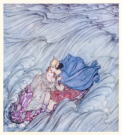 Bølgene fra alle verdener så ut til å virvle forbi dem i ett enormt grønt teppe fra Becuma of the White Skin in Irish Fairy Tales av Arthur Rackham