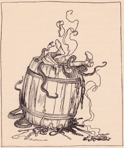 Den onde svigermor ble lagt i en tønne full av kokende olje og giftige slanger. Illustrasjon av Arthur Rackham fra Grimm