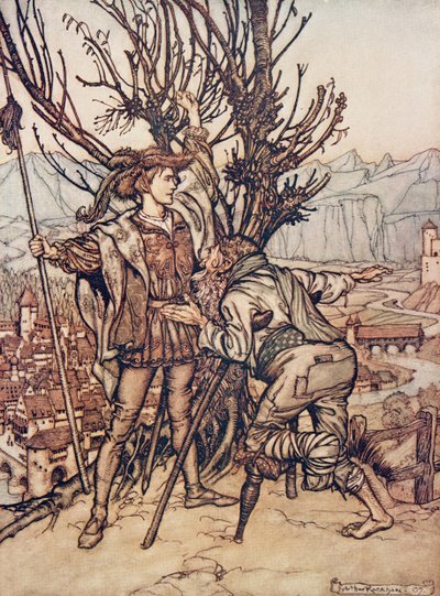 Den unge prinsen sa at jeg ikke er redd; Jeg er fast bestemt på å gå og se på den vakre Briar Rose ?, fra The Fairy Tales of the Brothers Grimm, pub. 1909 av Arthur Rackham