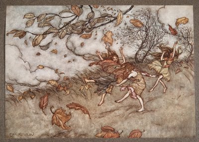 Det er nesten ingenting som har så stor sans for moro som et falt løv, fra Peter Pan i Kensington Gardens av J M Barrie (1860 - 1937), pub. 1906 av Arthur Rackham