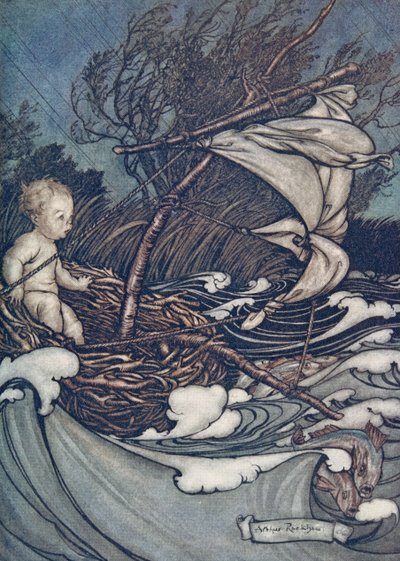 Det steg nå en mektig storm, og han ble kastet denne veien og den.., fra Peter Pan i Kensington Gardens av J M Barrie (1860 - 1937), pub. 1906 av Arthur Rackham