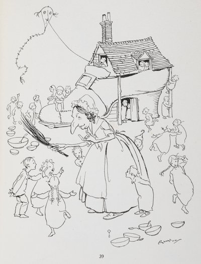 Det var en gammel dame som bodde i en sko. Kvinne med skohus og mange barn. av Arthur Rackham