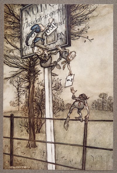Disse vanskelige feene bytter noen ganger lurt brettet på en ballkveld ..., fra Peter Pan i Kensington Gardens av J M Barrie (1860 - 1937), pub. 1906 av Arthur Rackham